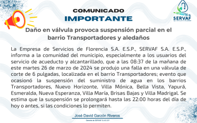 Daño en válvula provoca suspensión parcial en el barrio Transportadores y aledaños