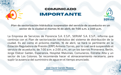 Plan de sectorización hidráulica: suspensión del servicio de acueducto en un sector de la ciudad el martes 16 de abril, de 7:00 a.m. a 2:00 p.m.