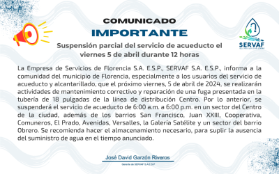 Suspensión parcial del servicio de acueducto el viernes 5 de abril durante 12 horas