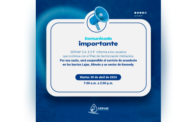 Suspensión servicio de acueducto: 3 barrios, 30 de abril