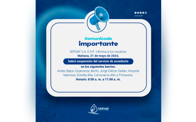 Suspensión del servicio de acueducto, martes 21 de mayo, en ocho barrios